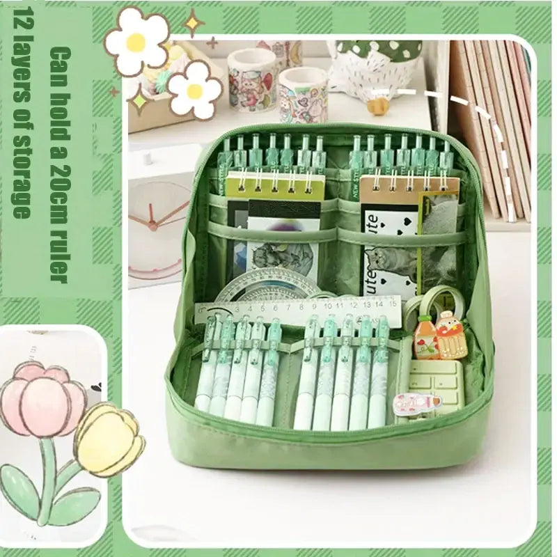 Large Capacity Multi-Layer Stationery Organiser Portable Pencil Case - Green - grandhubs.shop