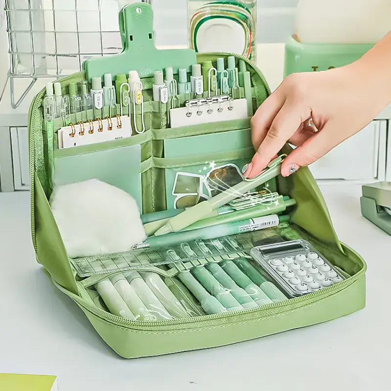 Large Capacity Multi-Layer Stationery Organiser Portable Pencil Case - Green - grandhubs.shop