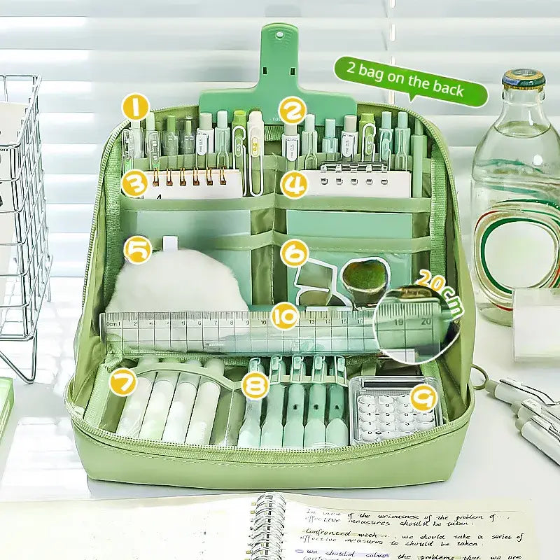 Large Capacity Multi-Layer Stationery Organiser Portable Pencil Case - Green - grandhubs.shop