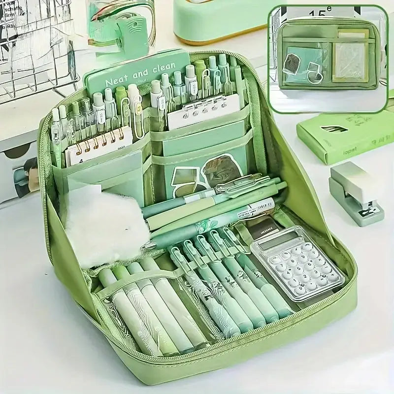 Large Capacity Multi-Layer Stationery Organiser Portable Pencil Case - Green - grandhubs.shop