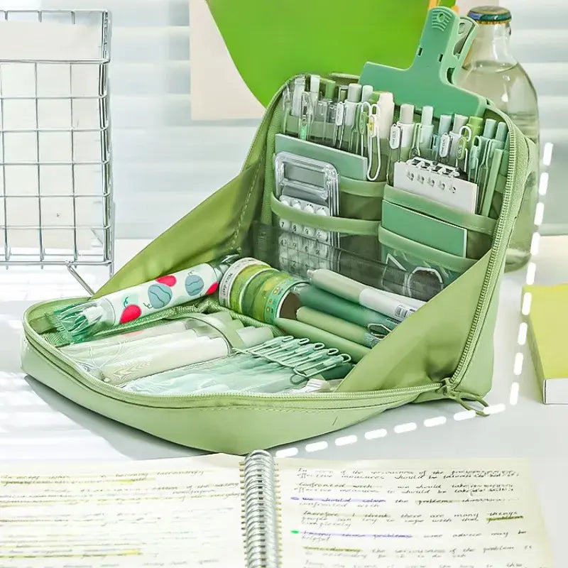 Large Capacity Multi-Layer Stationery Organiser Portable Pencil Case - Green - grandhubs.shop