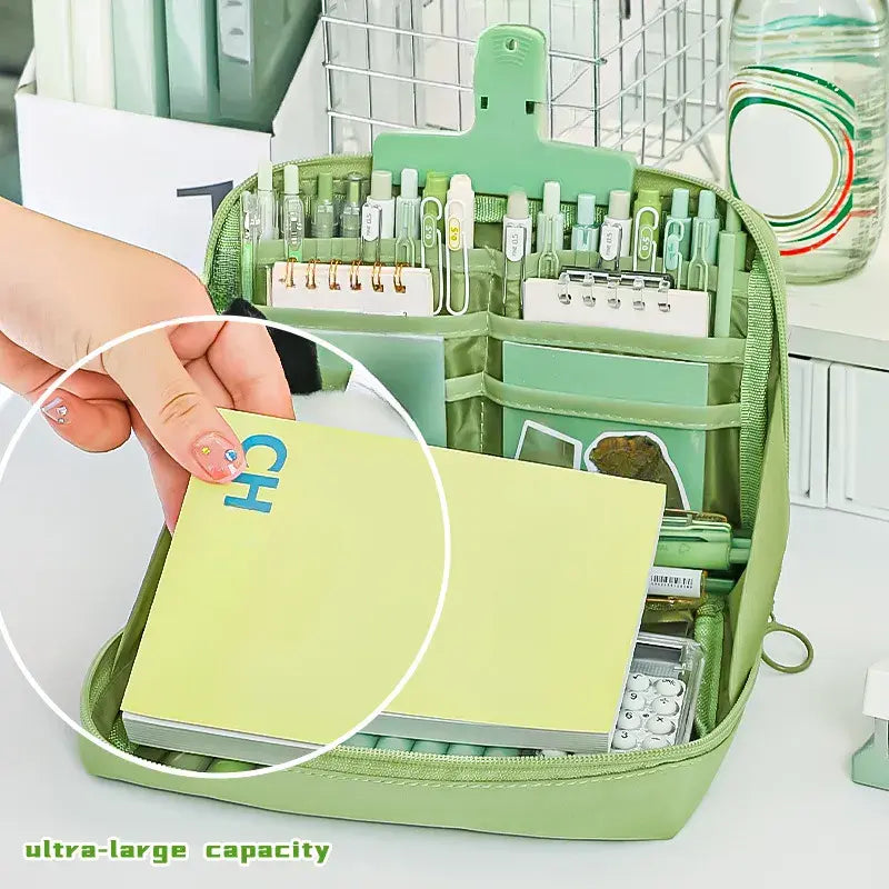 Large Capacity Multi-Layer Stationery Organiser Portable Pencil Case - Green - grandhubs.shop