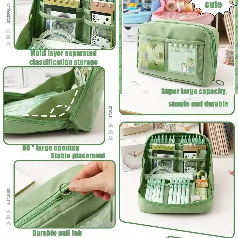 Large Capacity Multi-Layer Stationery Organiser Portable Pencil Case - Green - grandhubs.shop