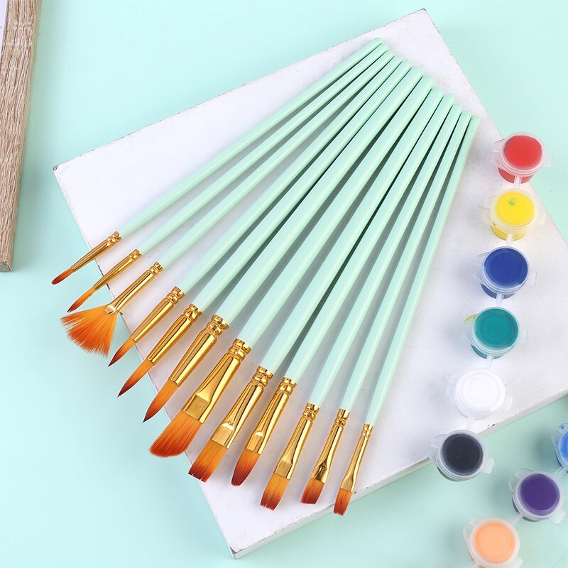 12PCS Artist Nylon Bristle Paint Brushes Set Acrylic Watercolor Oil Painting Brush Kit (Green) - grandhubs.shop