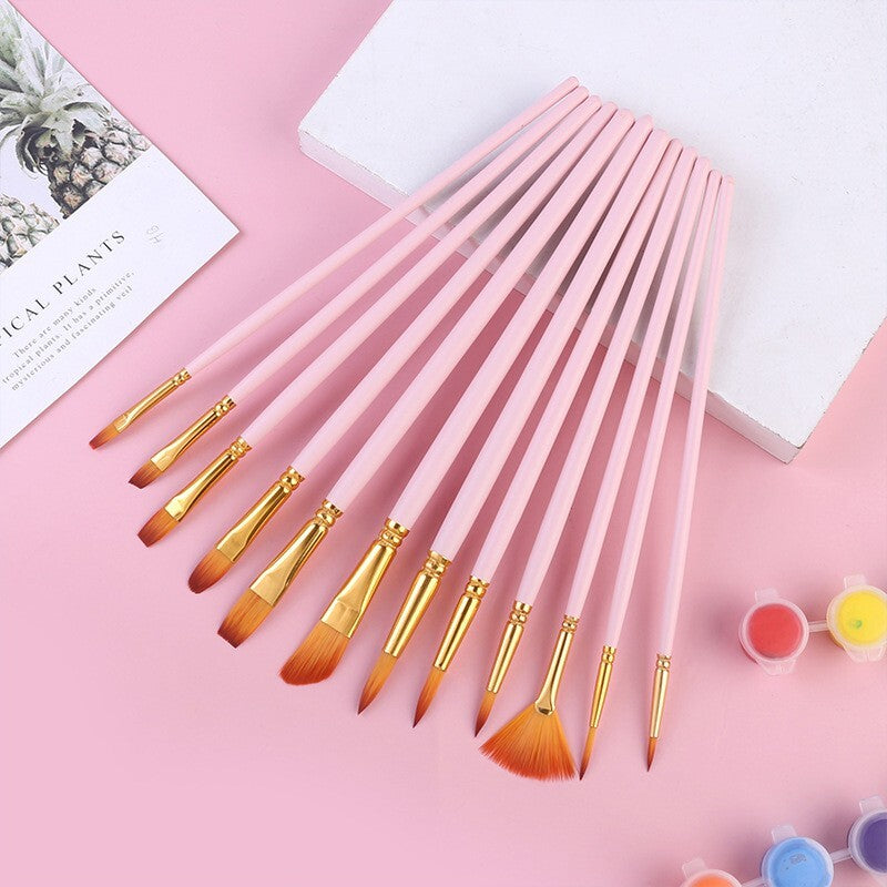 12PCS Artist Nylon Bristle Paint Brushes Set Acrylic Watercolor Oil Painting Brush Kit (Pink) - grandhubs.shop