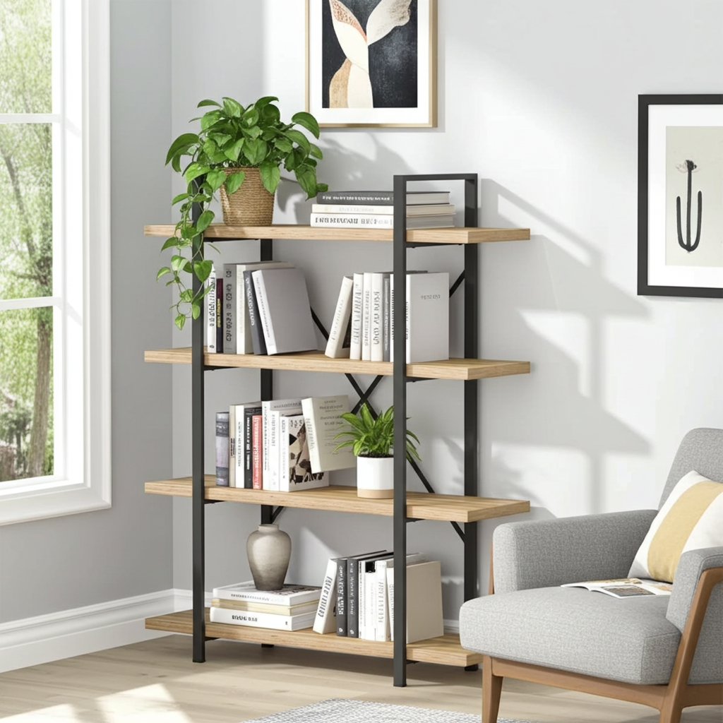 Envision Rustic Oak 4-Tier Bookcase Storage Shelf Organizer