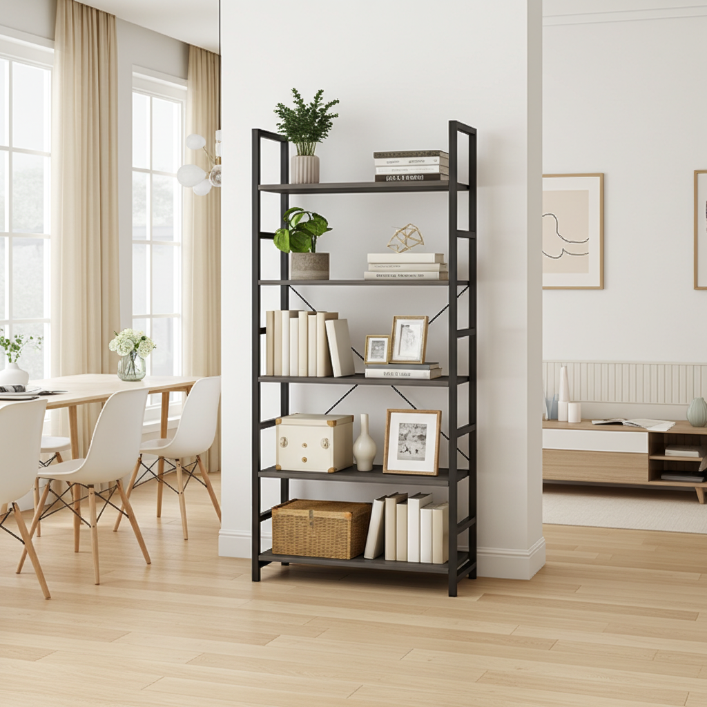 5 Tier Multifunction Heavy Duty Bookcase Wood & Steel Storage Shelf Organizer (Driftwood Grey)