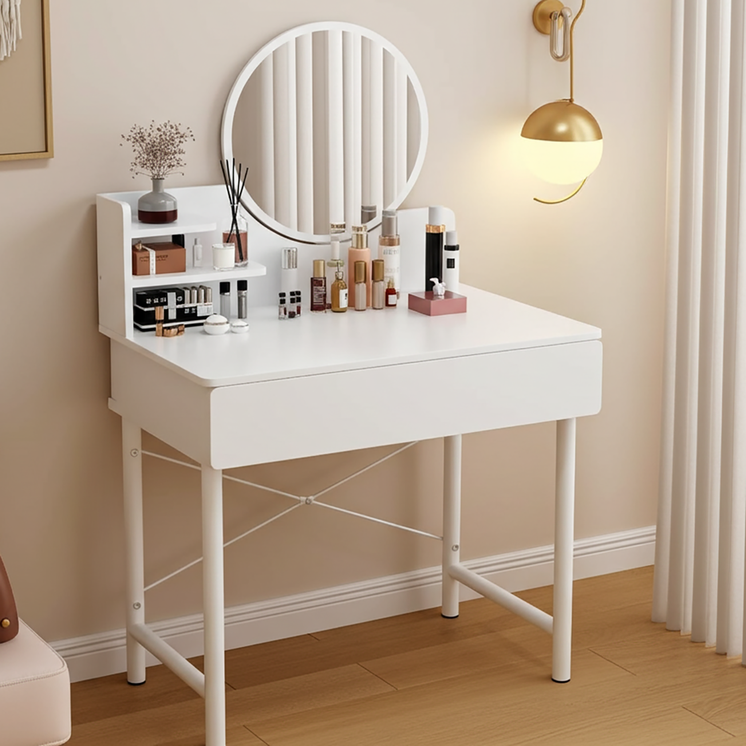 Luxe Dresser Makeup Vanity Dressing Table with Round Mirror Drawer White