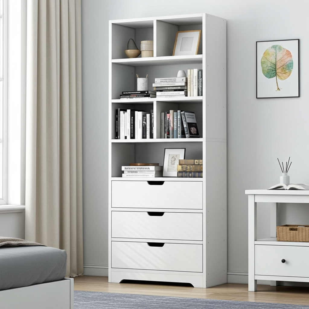 Luna 1.8m Tall Shelf Cupboard Bookshelf Wardrobe with Drawers (White)