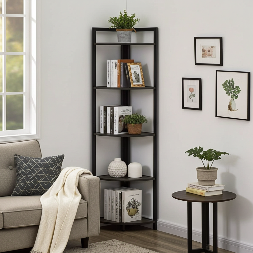 Optima 5 Tier Wood & Steel Corner Shelf Organizer Unit (Black)