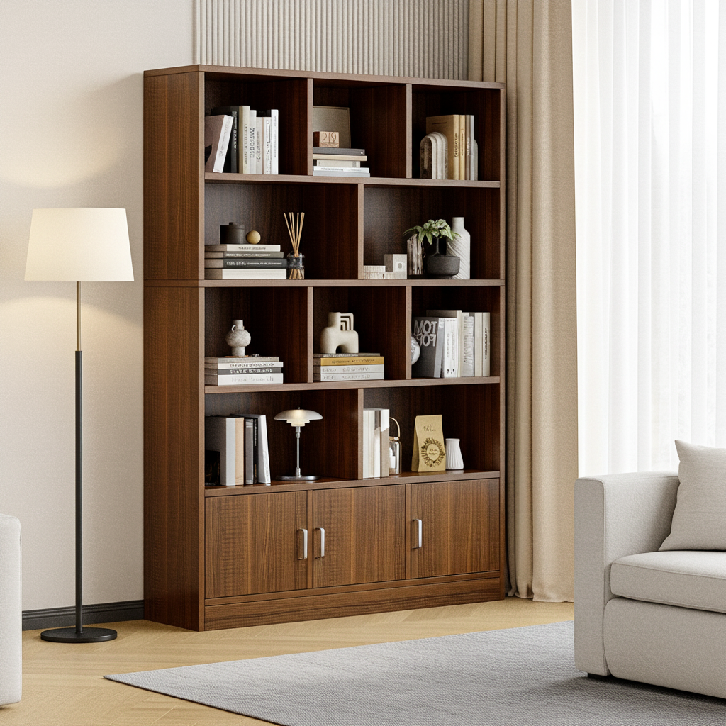 Alpha 10-Shelf 3-Door Wardrobe Cupboard Bookshelf Cabinet (Black Walnut)