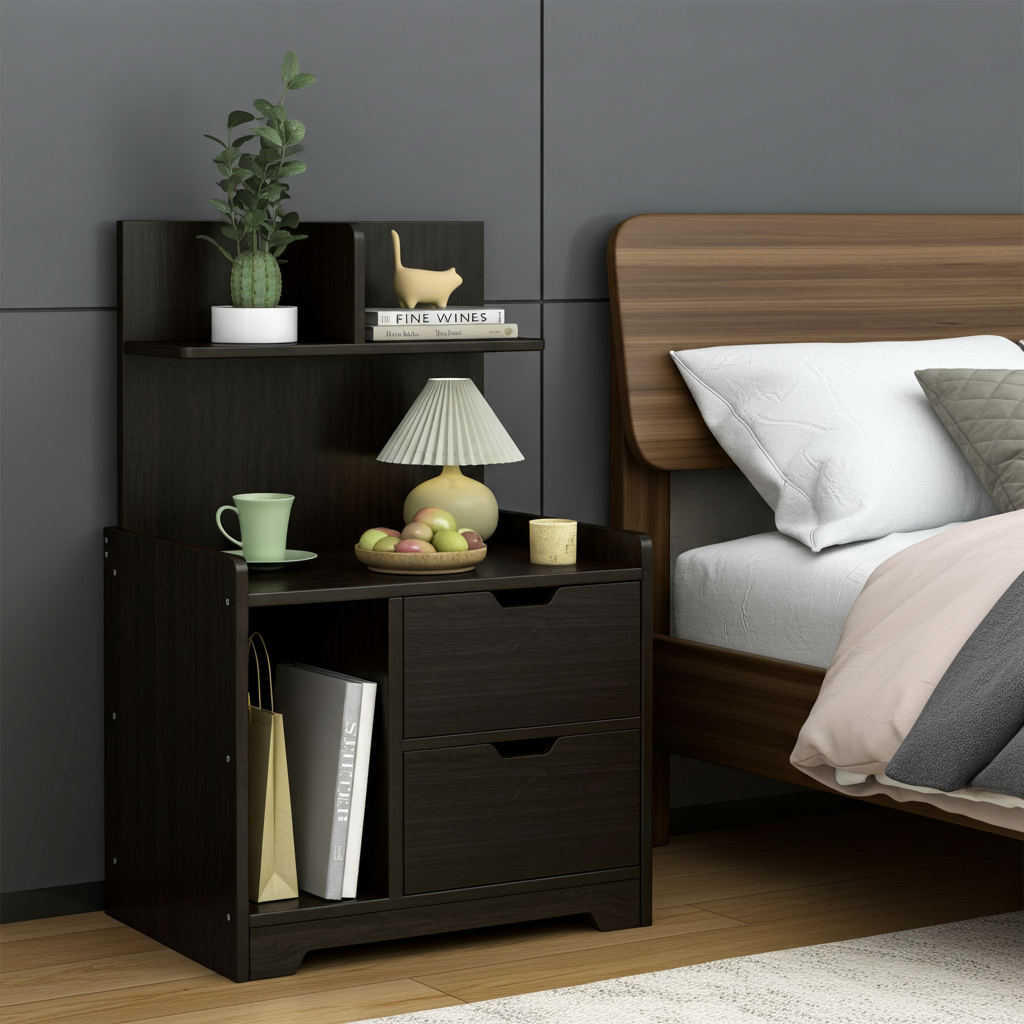 Harmony Tall Bed Side Table with Chest of Drawers and Shelf (Black)