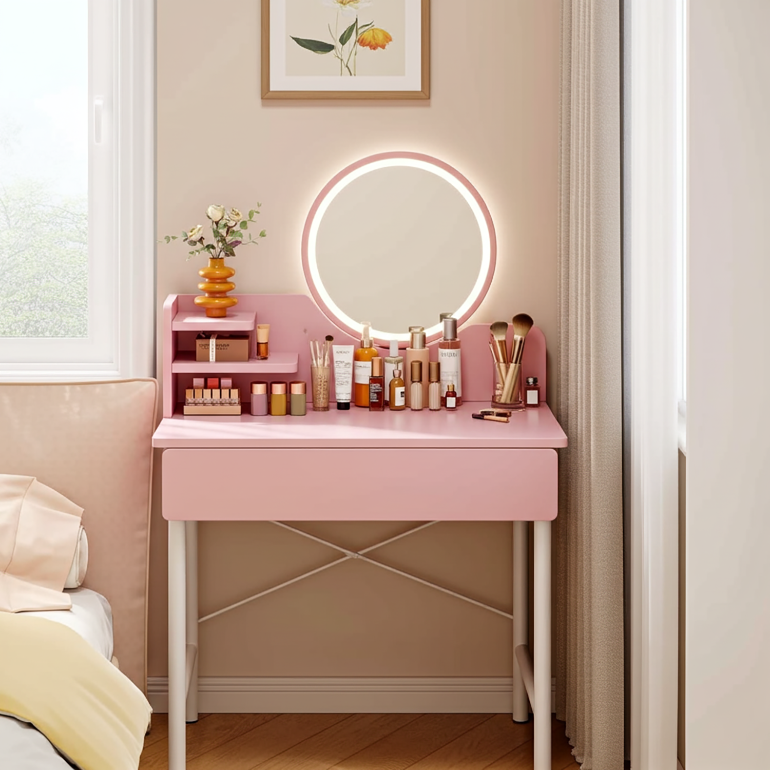 LED Luminous Mirror Makeup Vanity Dressing Table Pink Dresser with Drawer Storage
