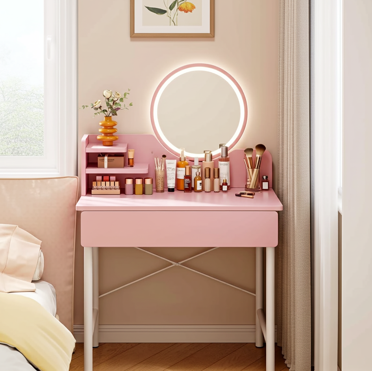 LED Luminous Mirror Makeup Vanity Dressing Table Pink Dresser with Drawer Storage