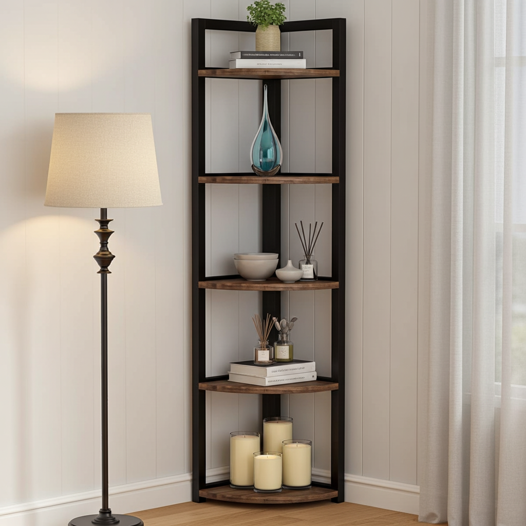 Optima  5 Tier Rustic Wood & Steel Corner Shelf Organizer Unit