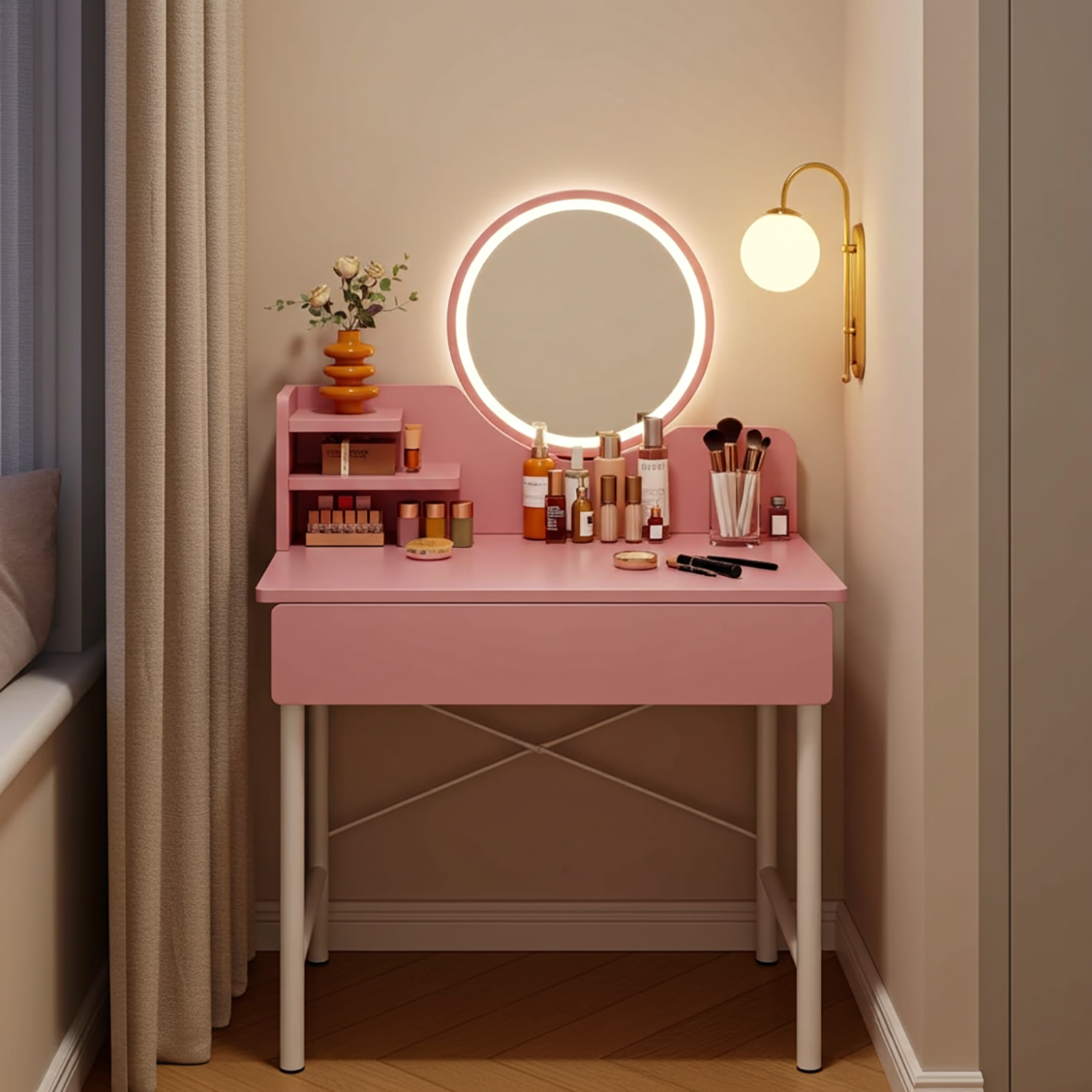 LED Luminous Mirror Makeup Vanity Dressing Table Pink Dresser with Drawer Storage