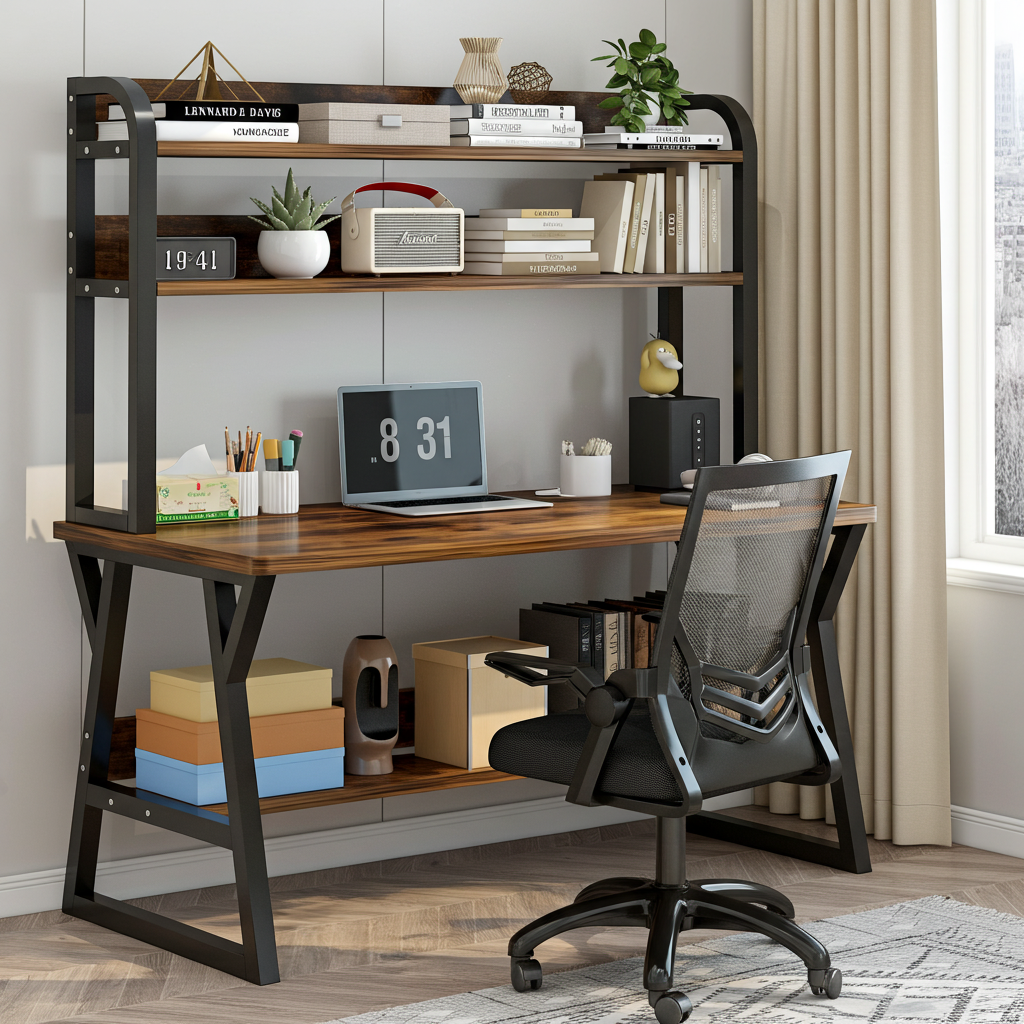 Aspire Large Industrial Office Computer Desk Workstation with Bookshelf (Rustic Wood)