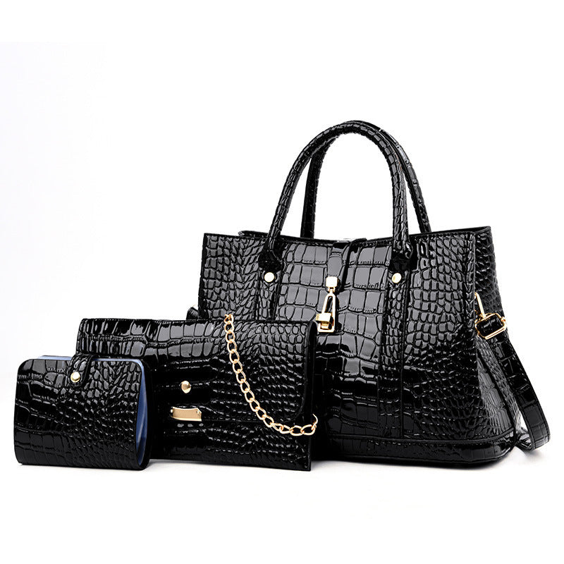 3 PCS Luxe Faux Crocodile Leather Handbag Set, Large Tote, Shoulder Bag, Purse Wallet (Black) - grandhubs.shop