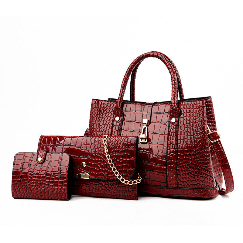3 PCS Luxe Faux Crocodile Leather Handbag Set, Large Tote, Shoulder Bag, Purse Wallet (Red) - grandhubs.shop