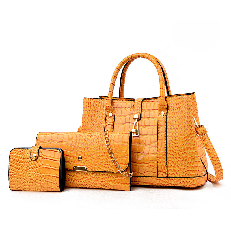 3 PCS Luxe Faux Crocodile Leather Handbag Set, Large Tote, Shoulder Bag, Purse Wallet (Yellow) - grandhubs.shop