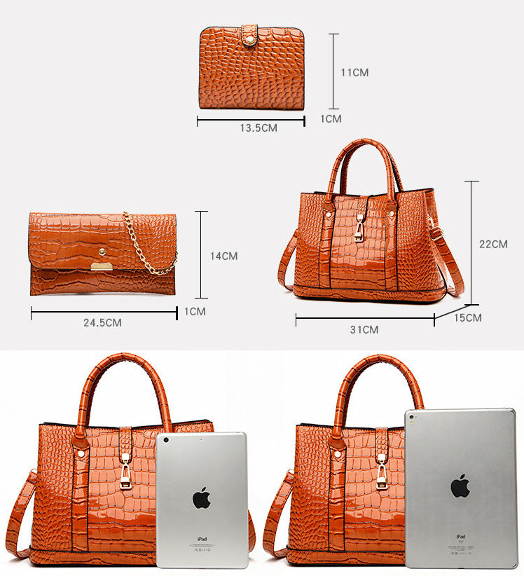 3 PCS Luxe Faux Crocodile Leather Handbag Set, Large Tote, Shoulder Bag, Purse Wallet (Yellow) - grandhubs.shop