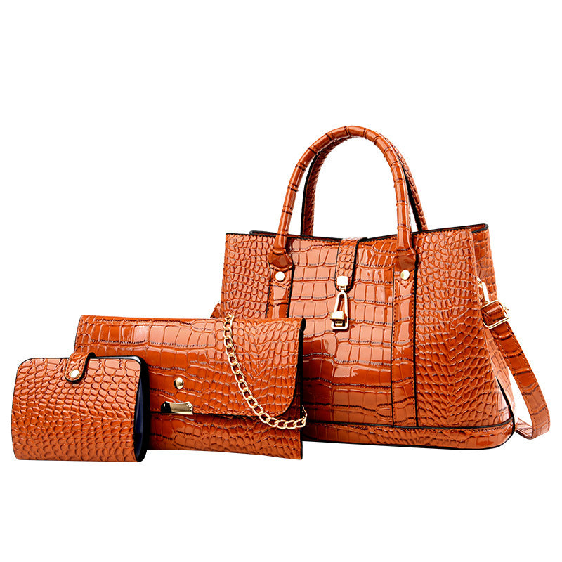 3 PCS Luxe Faux Crocodile Leather Handbag Set, Large Tote, Shoulder Bag, Purse Wallet (Brown) - grandhubs.shop