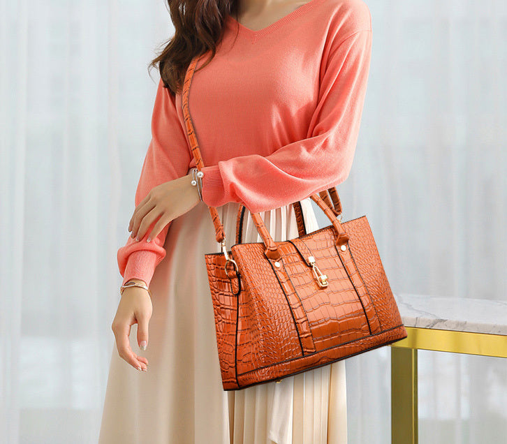 3 PCS Luxe Faux Crocodile Leather Handbag Set, Large Tote, Shoulder Bag, Purse Wallet (Brown) - grandhubs.shop