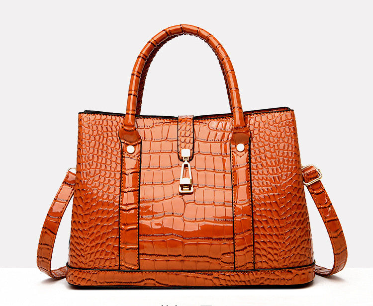 3 PCS Luxe Faux Crocodile Leather Handbag Set, Large Tote, Shoulder Bag, Purse Wallet (Brown) - grandhubs.shop