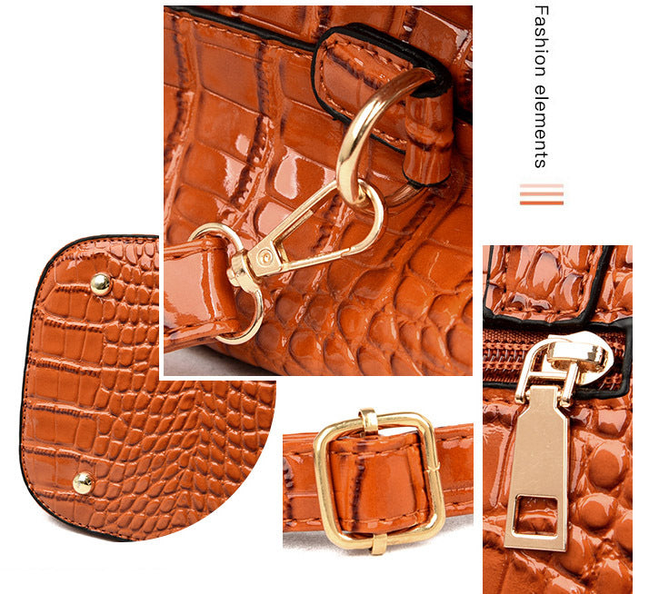 3 PCS Luxe Faux Crocodile Leather Handbag Set, Large Tote, Shoulder Bag, Purse Wallet (Brown) - grandhubs.shop