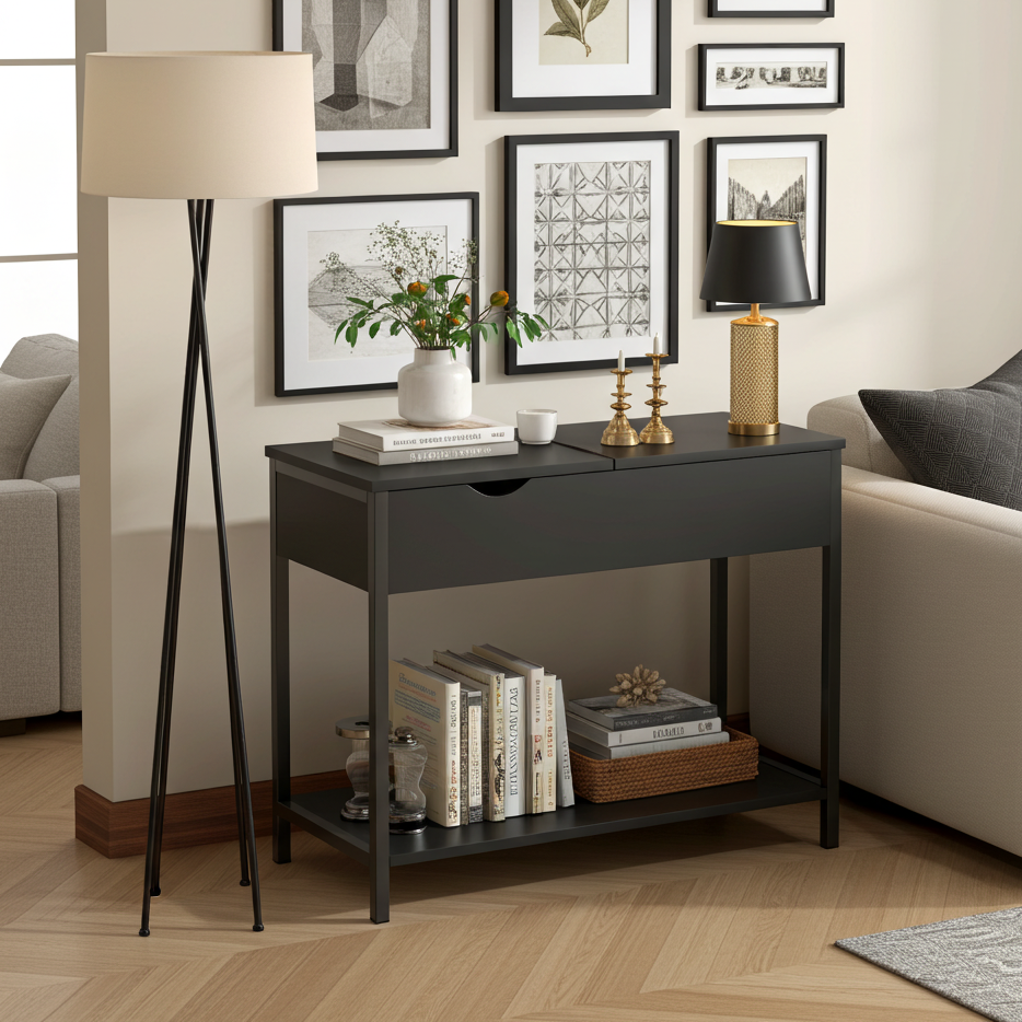 Solara Versatile Side Console Table Desk with Drawer & Shelf (Black)