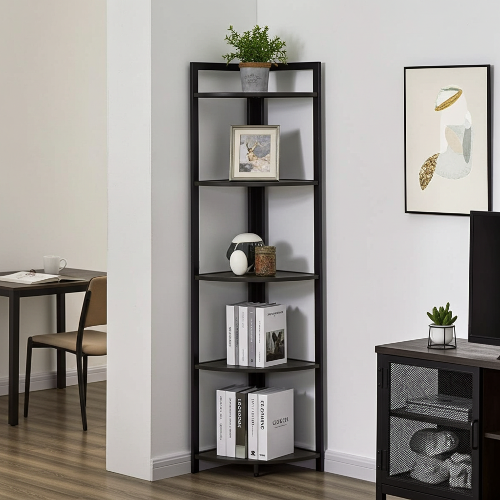 Optima 5 Tier Wood & Steel Corner Shelf Organizer Unit (Black)
