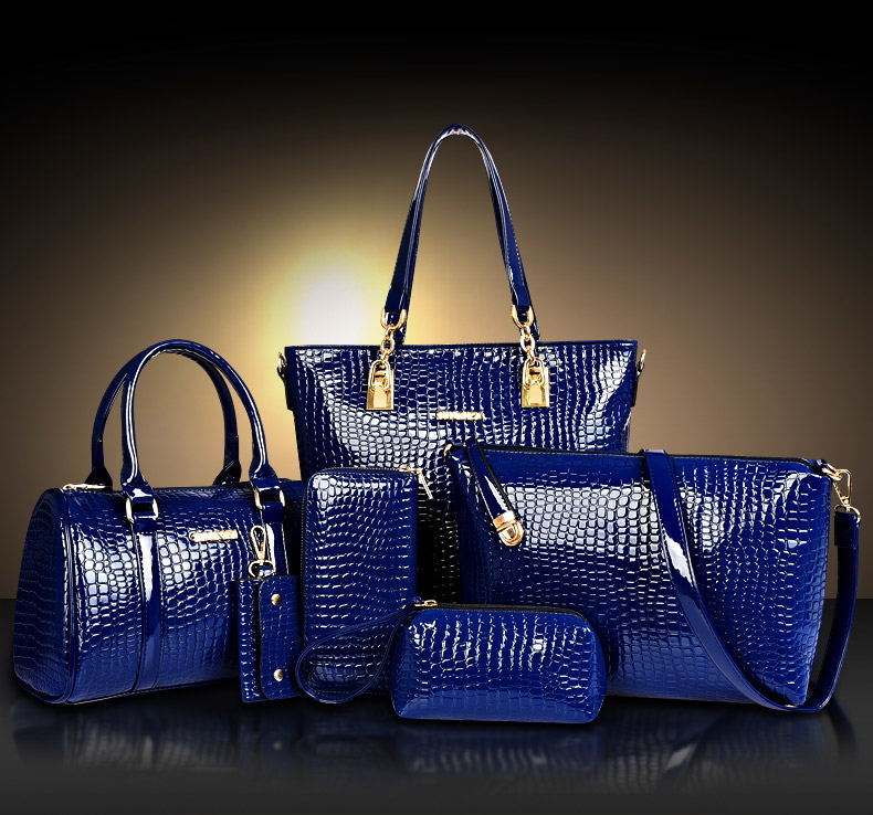 6 Pieces Leather Handbag Set Tote Shoulder Bag Clutch Purse Coin Wallet (Blue) - grandhubs.shop