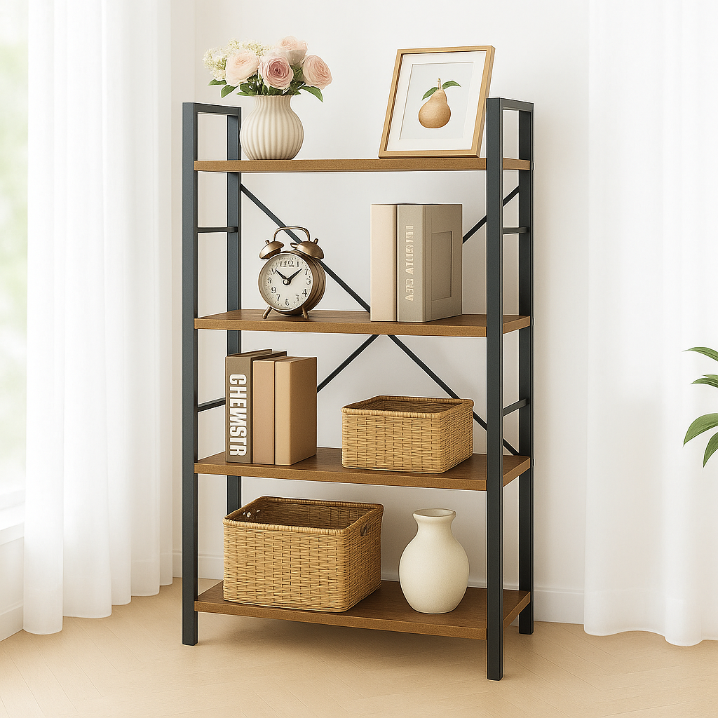 Multifunction Bookcase 4 Tier Rustic Wood & Steel Storage Shelf Organizer