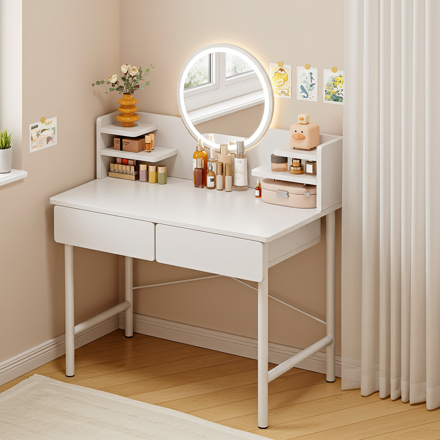 LED Luminous Mirror White Makeup Vanity Dressing Table with Storage Drawers