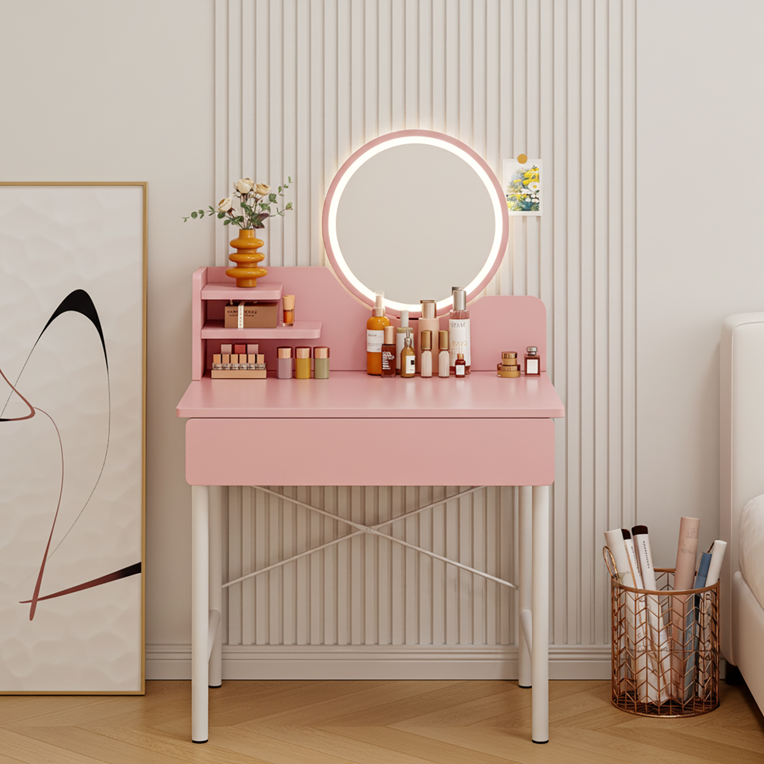 LED Luminous Mirror Makeup Vanity Dressing Table Pink Dresser with Drawer Storage