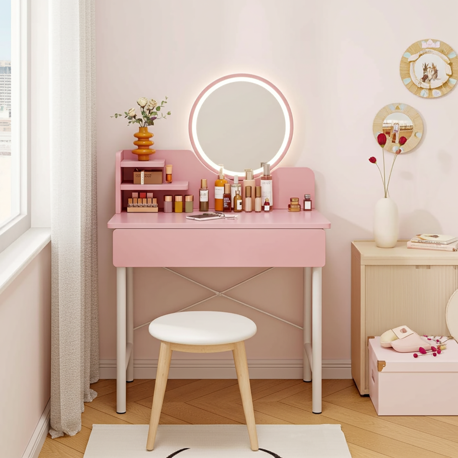 LED Luminous Mirror Makeup Vanity Dressing Table Pink Dresser with Drawer Storage