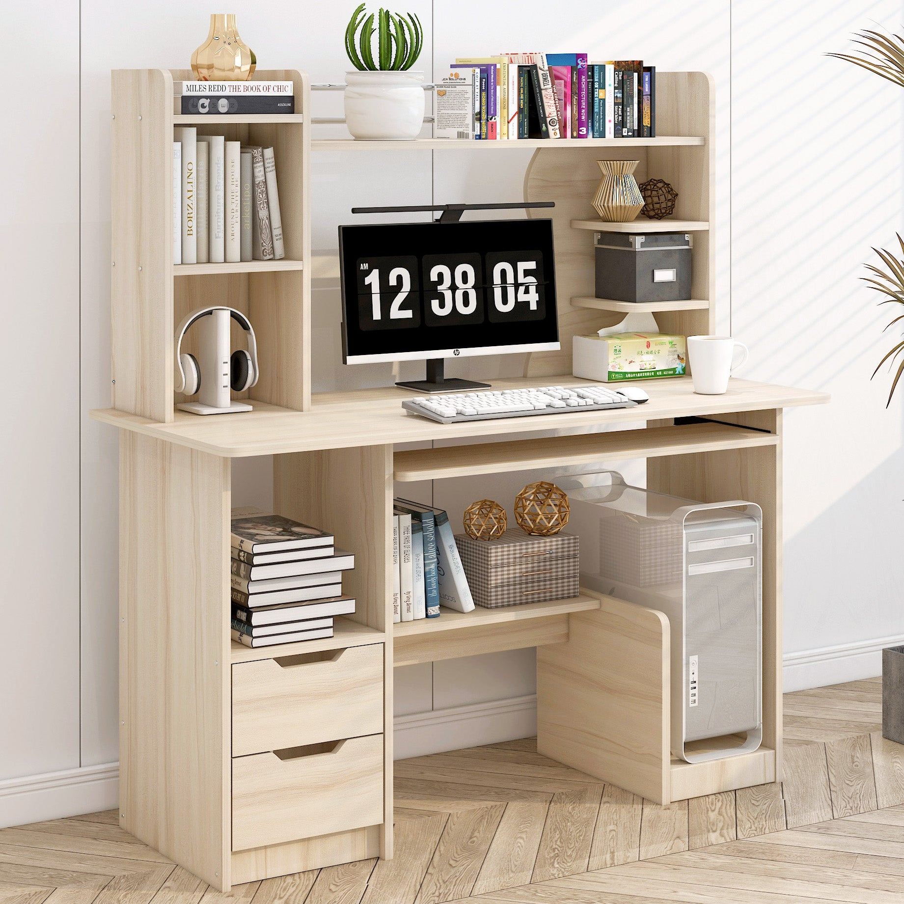 Expert Computer Desk Workstation with Shelf & Cabinet  (White Oak)