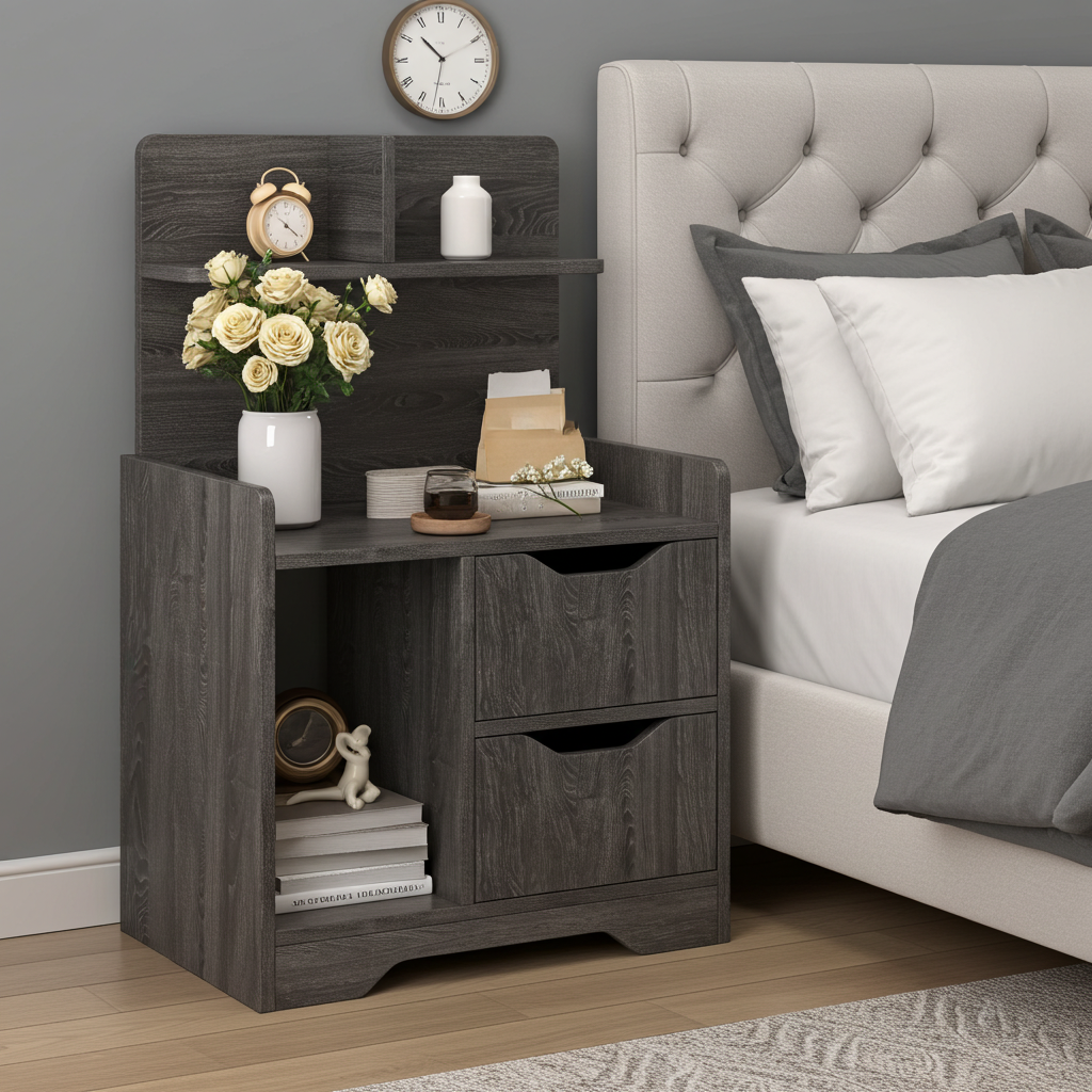 Harmony Tall Bed Side Table with Chest of Drawers and Shelf (Driftwood Grey)