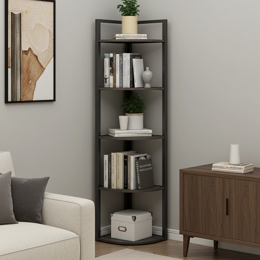 Optima 5 Tier Wood & Steel Corner Shelf Organizer Unit (Driftwood Grey)