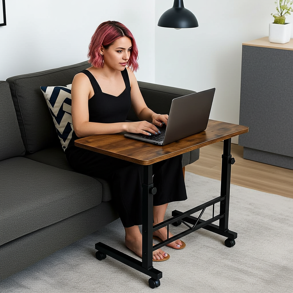 Adjustable Portable Rustic Sofa Bed Side Table Laptop Desk with Wheels