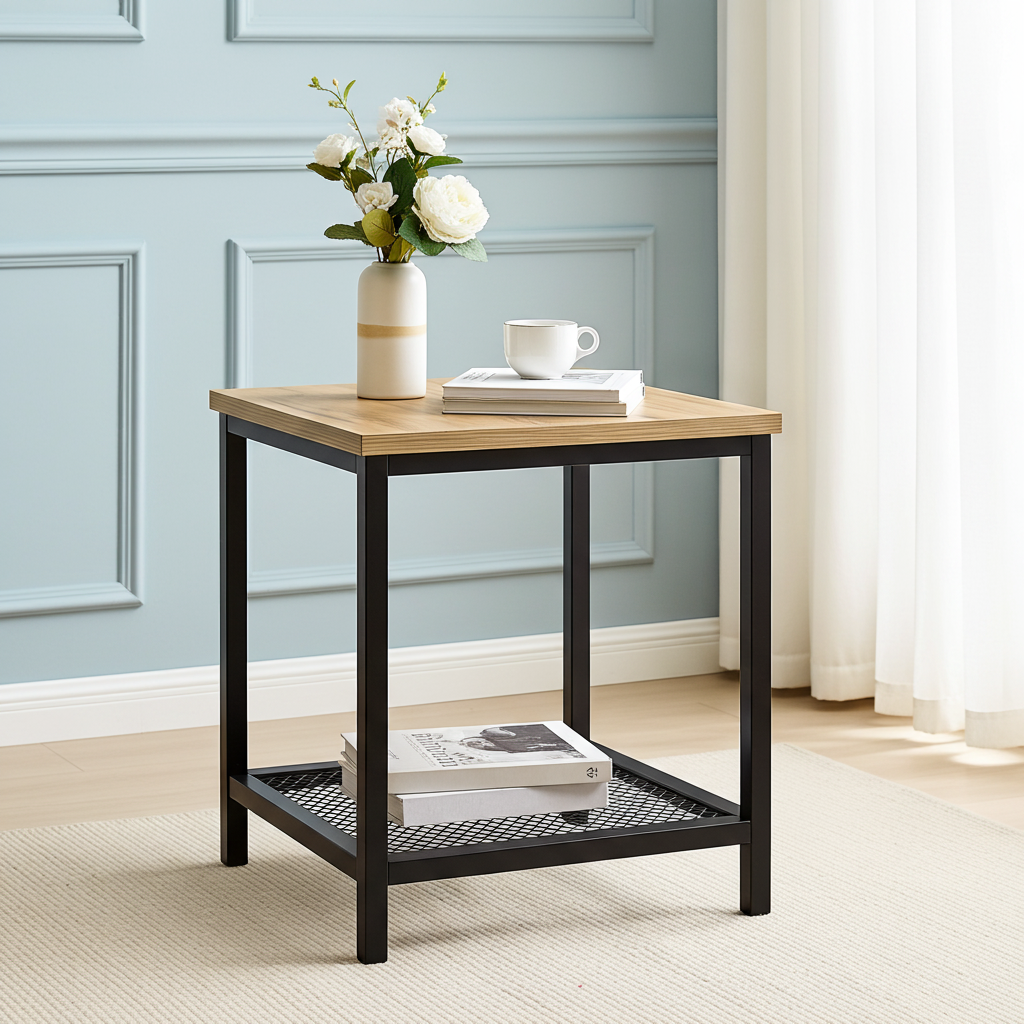 Loft Rustic Oak Industrial Wood & Steel Side Table with Storage Shelf