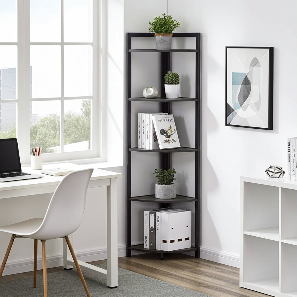 Optima 5 Tier Wood & Steel Corner Shelf Organizer Unit (Black)