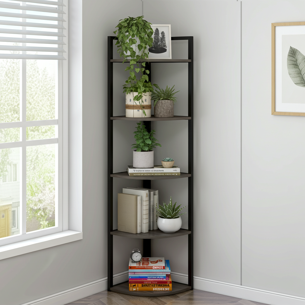 Optima 5 Tier Wood & Steel Corner Shelf Organizer Unit (Driftwood Grey)