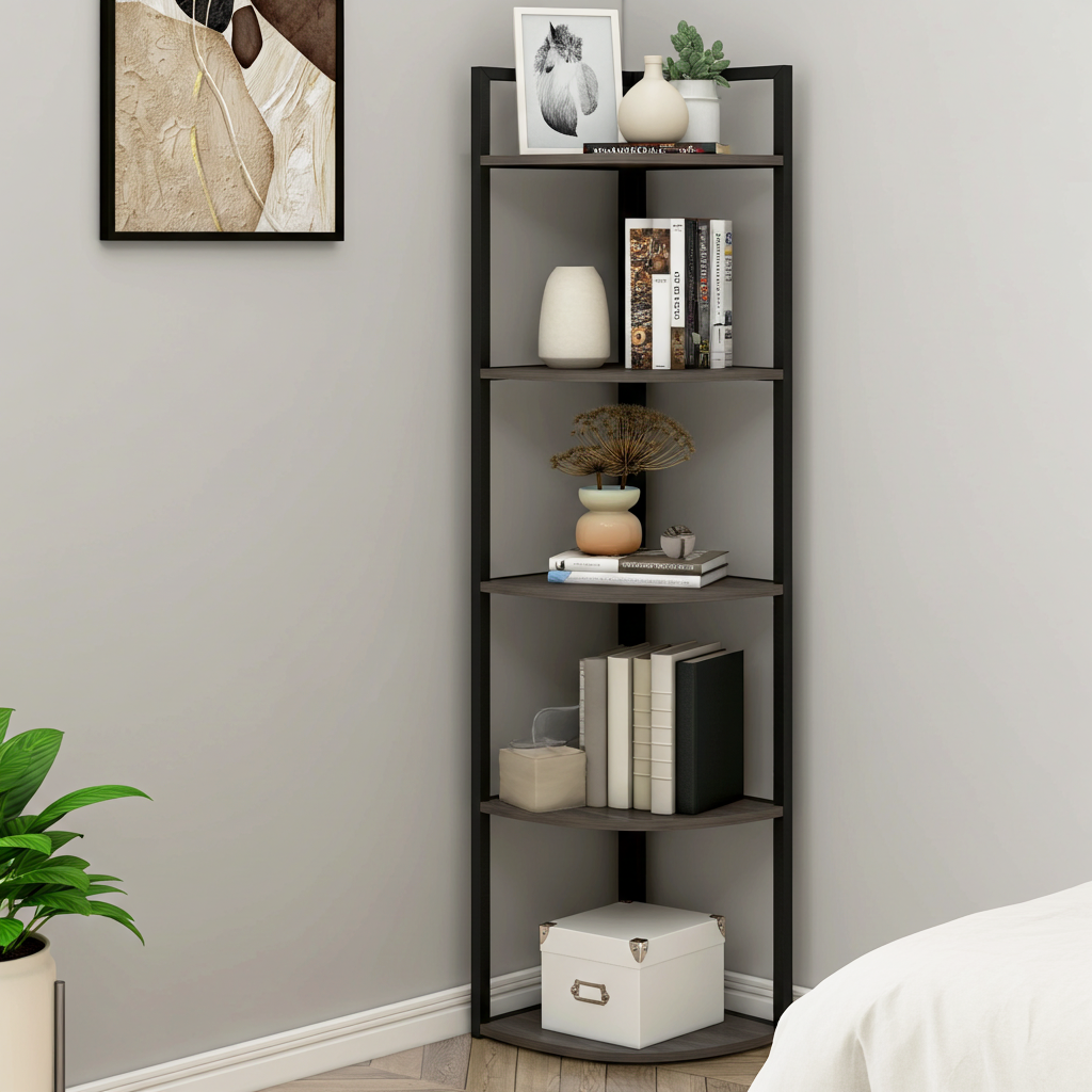 Optima 5 Tier Wood & Steel Corner Shelf Organizer Unit (Driftwood Grey)