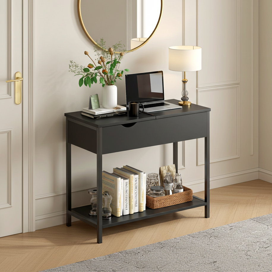 Solara Versatile Side Console Table Desk with Drawer & Shelf (Black)