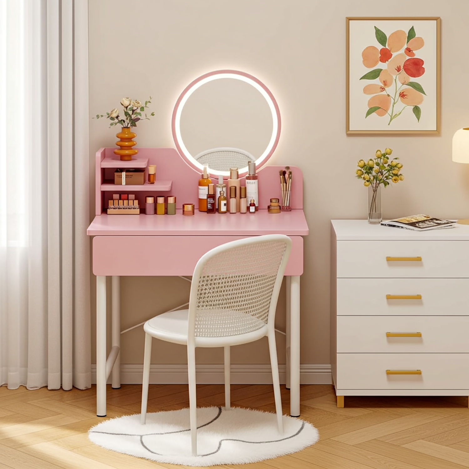 LED Luminous Mirror Makeup Vanity Dressing Table Pink Dresser with Drawer Storage