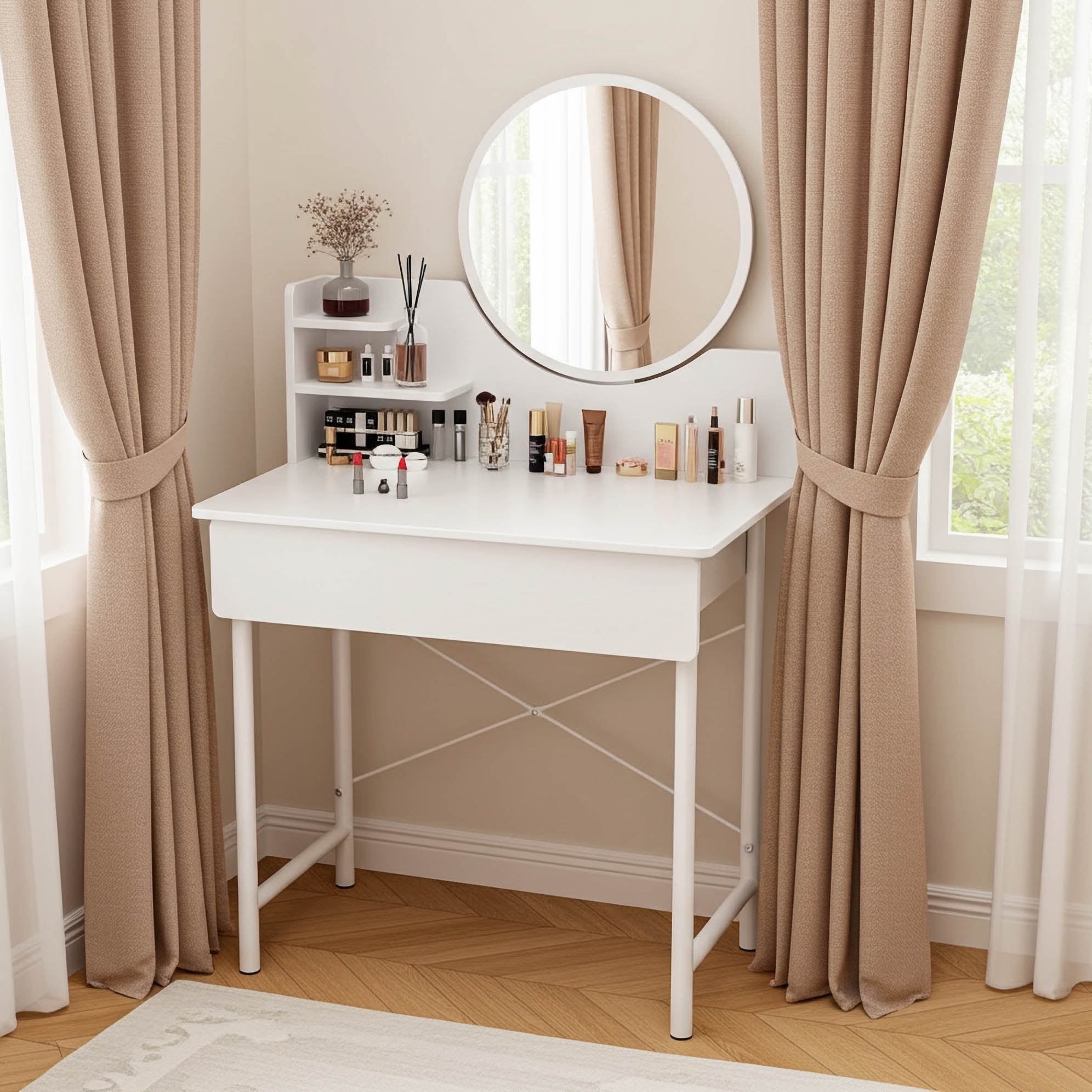 Luxe Dresser Makeup Vanity Dressing Table with Round Mirror Drawer White