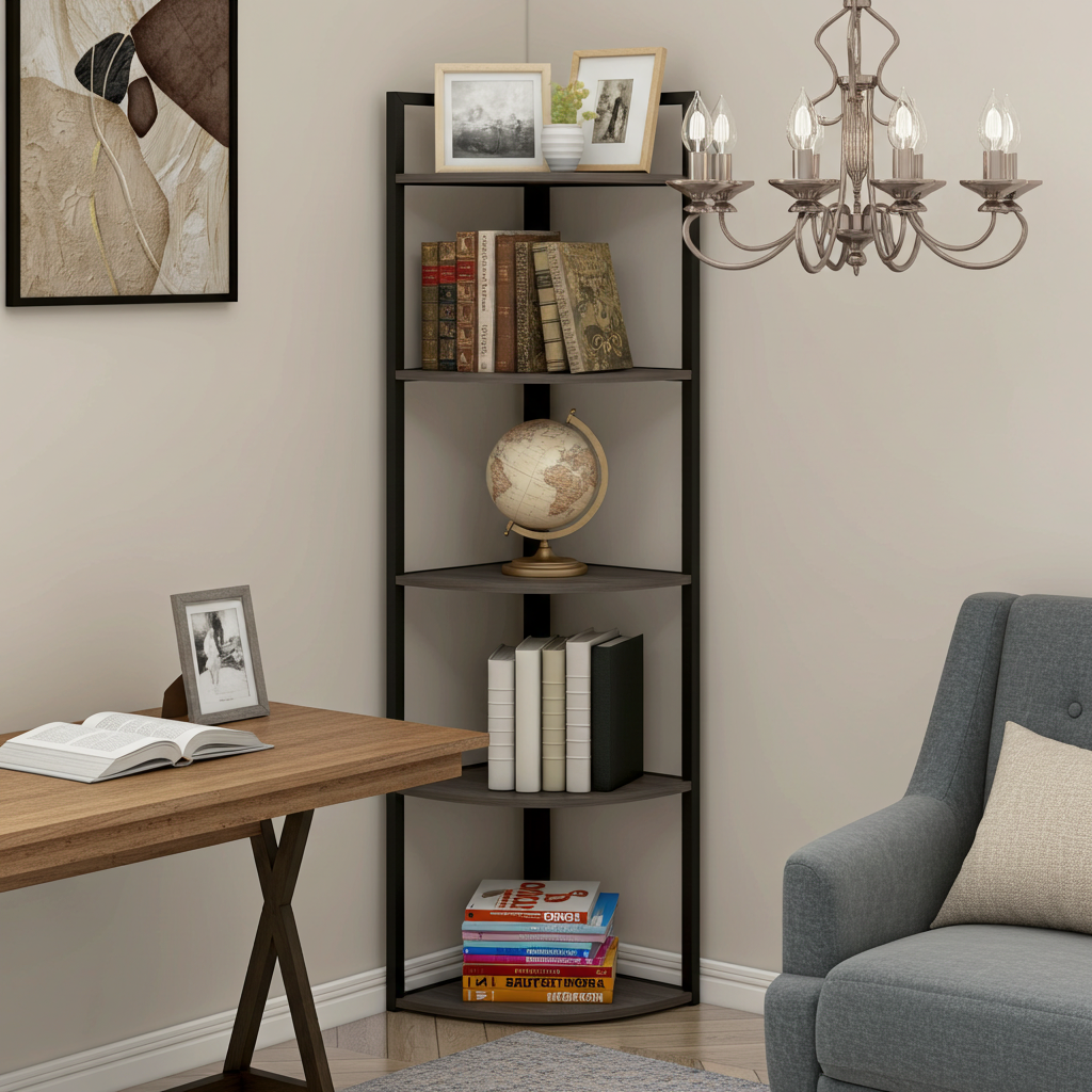 Optima 5 Tier Wood & Steel Corner Shelf Organizer Unit (Driftwood Grey)