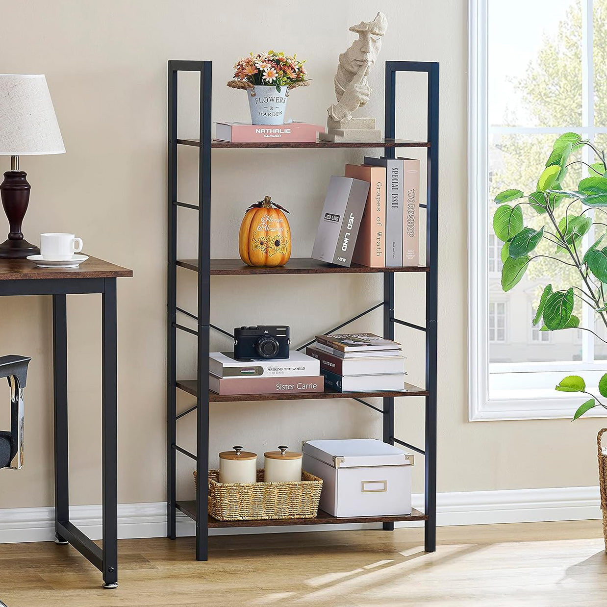 Multifunction Bookcase 4 Tier Rustic Wood & Steel Storage Shelf Organizer