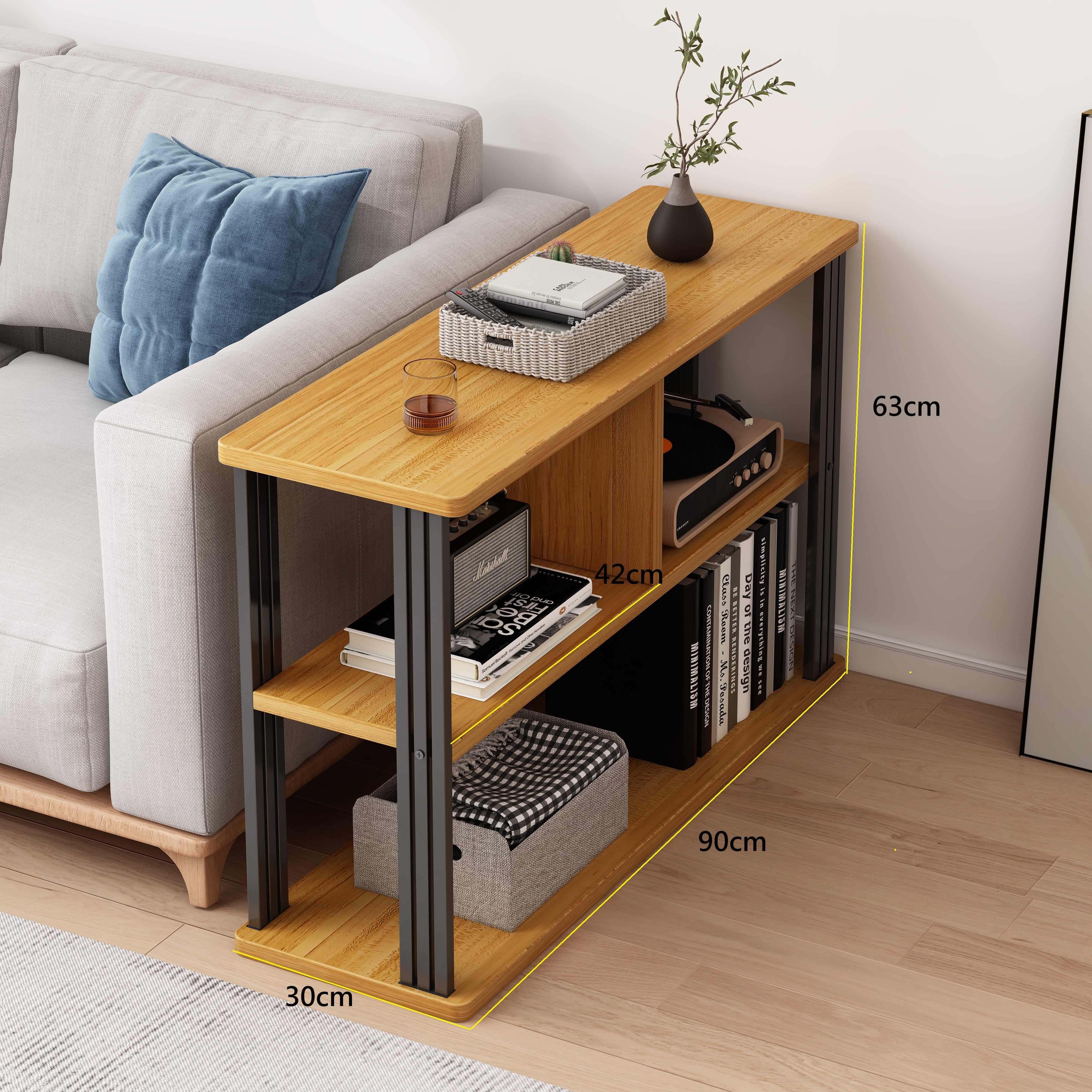 Icon Wood and Steel Sofa Side Table with Shelves (Honey Oak)